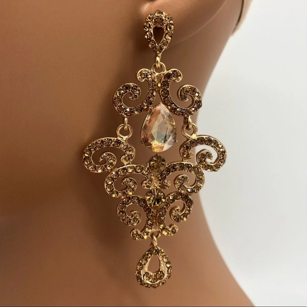 GOLD RHINESTONE CHANDELIER EARRINGS